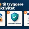 Illustrasjon av tre tips til tryggere nettaktivitet: VPN vist med et trådløst nettverk og hengelås, oppdatert antivirus vist med et skjold og sunn fornuft vist med et forstørrelsesglass over et nettleservindu.
