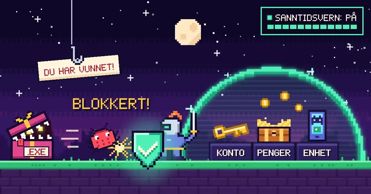 Pikselkunst i dataspillstil av en ridder med et grønt antivirusskjold som blokkerer et skadevareinsekt, mens en fiskekrok med lappen «Du har vunnet!» og en monstergaveeske merket «.EXE» lurer utenfor et lysende kraftfelt som beskytter en nøkkel, en skattekiste med mynter og en mobil på soklene «Konto», «Penger» og «Enhet».