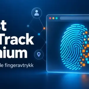 Illustrasjon av et digitalt fingeravtrykk som går i oppløsning i fargede ruter i et nettleservindu, med teksten «Avast AntiTrack Premium – Skjul ditt digitale fingeravtrykk».