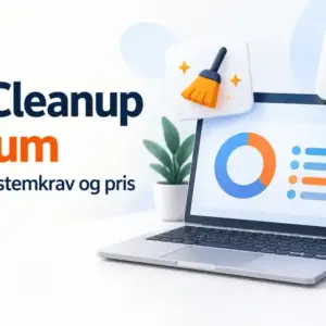 Illustrasjon av en bærbar PC og en mobil med symboler for filrydding og programoppdatering, samt teksten «Avast Cleanup Premium – Funksjoner, systemkrav og pris».