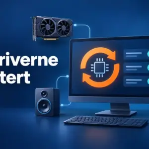 Illustrasjon av en dataskjerm med oppdateringssymbol og tilkoblet maskinvare, med teksten «Hold driverne oppdatert».