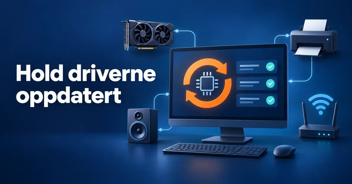 Avast Driver Updater – hold Windows-driverne oppdatert Illustrasjon av en dataskjerm med oppdateringssymbol og tilkoblet maskinvare, med teksten «Hold driverne oppdatert».