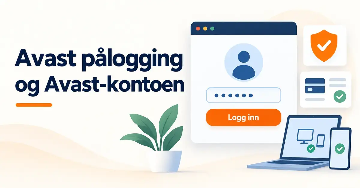 Illustrasjon av pålogging til Avast-kontoen med symboler for sikkerhet, abonnement og beskyttelse av datamaskin og mobil.