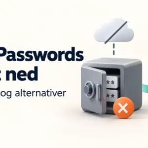 Illustrasjon av et avviklet passordhvelv, en frakoblet sky og en pil mot et sikkerhetsskjold, med teksten «Avast Passwords er lagt ned – Status, data og alternativer».