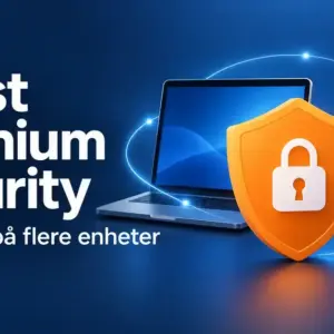 Illustrasjon av et oransje skjold med hengelås foran en bærbar datamaskin, et nettbrett og en mobiltelefon, med teksten «Avast Premium Security – Sikkerhet på flere enheter».