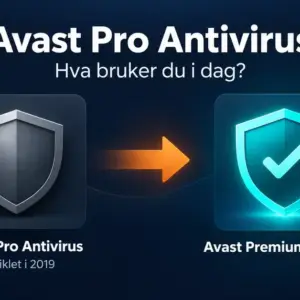 Et grått skjold for Avast Pro Antivirus, avviklet i 2019, og en pil mot et turkist skjold med hake for Avast Premium Security.