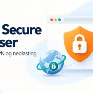 Illustrasjon av Avast Secure Browser med et nettleservindu, sikkerhetsskjold, hengelås, globus og nedlastingssymbol.