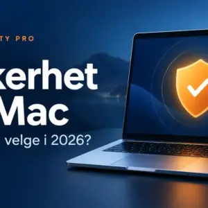 Illustrasjon av en bærbar datamaskin med et oransje sikkerhetsskjold og teksten «Sikkerhet for Mac – Hva bør du velge i 2026?».
