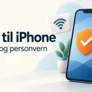 Illustrasjon av en mobiltelefon med skjold og hake, omgitt av symboler for trådløst nettverk, personvern og trygg surfing, med teksten «Avast til iPhone – Sikkerhet og personvern».