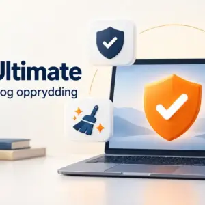 Illustrasjon av Avast Ultimate med en bærbar datamaskin og symboler for antivirus, VPN, opprydding og beskyttelse mot sporing.