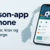 Illustrasjon av en mobiltelefon med sportsapp, et norgeskart og symboler for sikkerhet og regelverk ved siden av teksten «Betsson-app til iPhone – Funksjoner, krav og regler i Norge».
