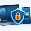 Illustrasjon av en bærbar datamaskin og en mobiltelefon med skjold, hengelås og nøkkel som symboliserer beskyttelse av enheter og personlige data.