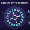 Illustrasjon av en safedør der kombinasjonslåsen er et rulettehjul med nøkkelhull i midten, omgitt av de fire kodestegene «Lisens», «Kryptering», «Klare vilkår» og «Ansvarlig spill» under overskriften «Koden til et trygt nettcasino», mot en stigende popularitetskurve i bakgrunnen.