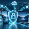 Illustrasjon av en mobiltelefon og en bærbar datamaskin omgitt av datastrømmer, digitale tjenester og et skjold med hengelås som symboliserer beskyttelse mot nettkriminalitet.