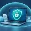 En bærbar PC med skjold og hengelås er omgitt av en beskyttende barriere som holder phishing og uønsket fjerntilgang ute.