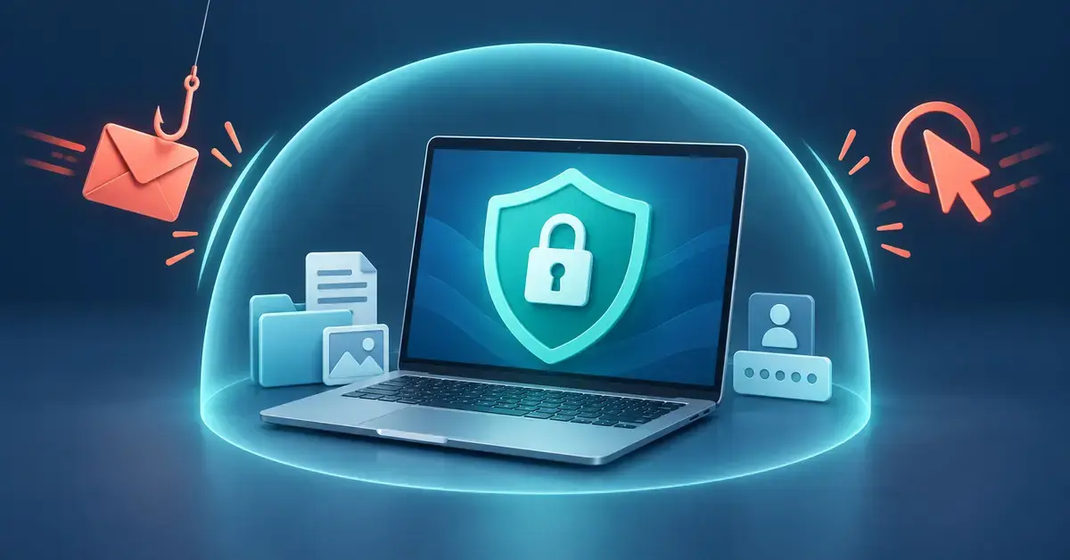En bærbar PC med skjold og hengelås er omgitt av en beskyttende barriere som holder phishing og uønsket fjerntilgang ute.