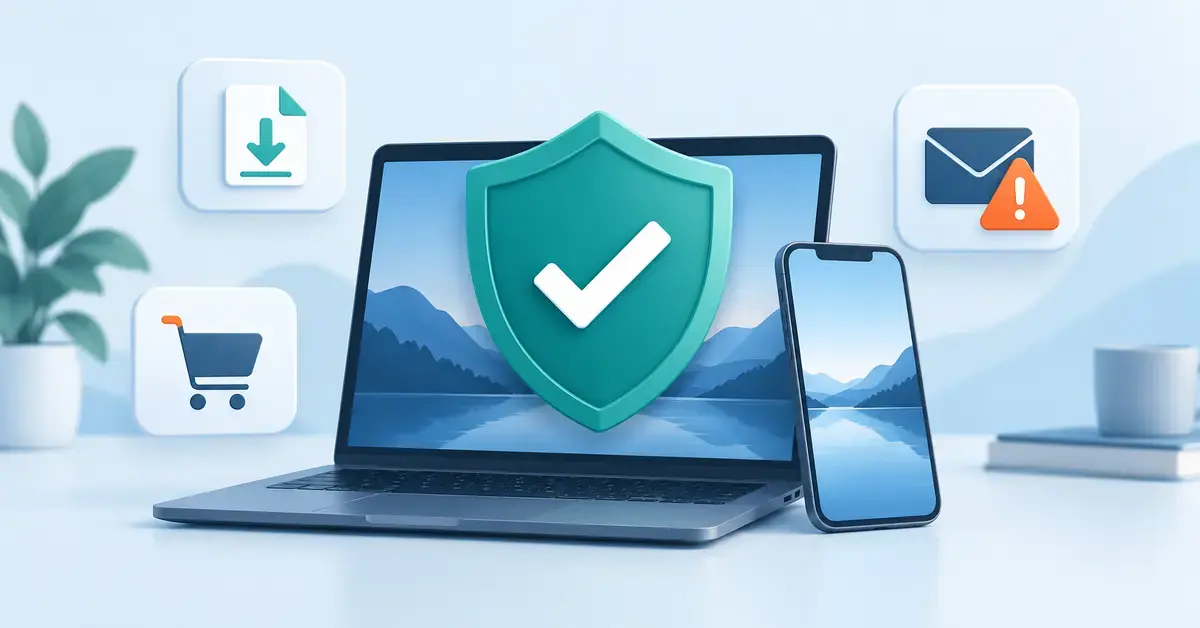 Illustrasjon av en bærbar PC og en mobiltelefon med et beskyttende skjold, omgitt av symboler for nedlasting, netthandel og mistenkelig e-post.