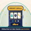 Illustrasjon av en spilleautomat med «Trygt spill» på skiltet og hengelås, skjold og nøkkel på hjulene, beskyttet av en glasskuppel som stopper falske sider, løsepengevirus, et phishing-kort på fiskekrok og en spionvare-bille, med teksten «Sikkerhet er den beste gevinsten».
