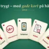 Illustrasjon av fem spillkort lagt i vifte på et grønt casinobord, merket «Lisens», «Aldersgrense», «Tofaktor», «Vilkår» og «Grenser», med overskriften «Spill trygt – med gode kort på hånden».