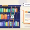 Illustrasjon av en vennlig søkerobot med forstørrelsesglass på en bibliotekstige foran en bokhylle merket «Indeks», der nettsider er bøker koblet sammen med lenker, mens én bok har fløyet ut av hylla og åpnet seg som førsteplassen i søket «rørlegger i Drammen».