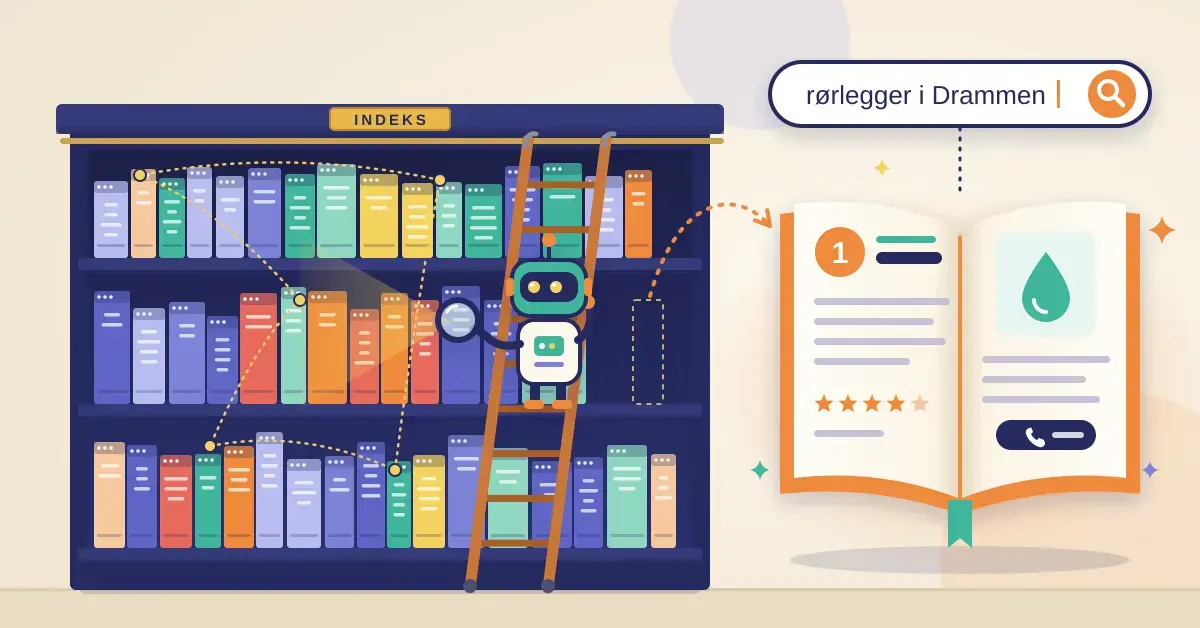 Illustrasjon av en vennlig søkerobot med forstørrelsesglass på en bibliotekstige foran en bokhylle merket «Indeks», der nettsider er bøker koblet sammen med lenker, mens én bok har fløyet ut av hylla og åpnet seg som førsteplassen i søket «rørlegger i Drammen».