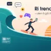 Illustrasjon av en surfer på et surfebrett med skjoldmerke som rir på en stor bølge full av korte videoer, direktesendinger, nyheter, spill og KI-ikoner mot en solnedgang, mens en haifinne lurer i vannet foran og teksten lyder «Ri trendbølgen – uten å gå i fellene».