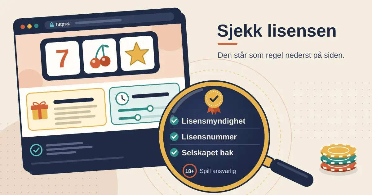 Illustrasjon av et nettcasino i et nettleservindu der et forstørrelsesglass over bunnteksten viser avkryssede punkter for lisensmyndighet, lisensnummer og selskapet bak, sammen med 18+ og «Spill ansvarlig», under overskriften «Sjekk lisensen».